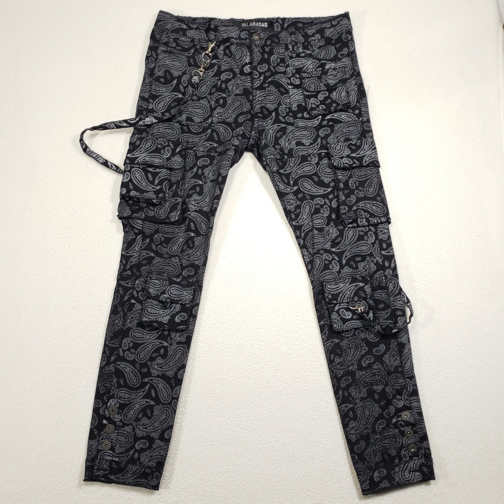 Valabasas Cargo Pants Men 34 Black Paisley Print Slim Utility Streetwear Lanyard